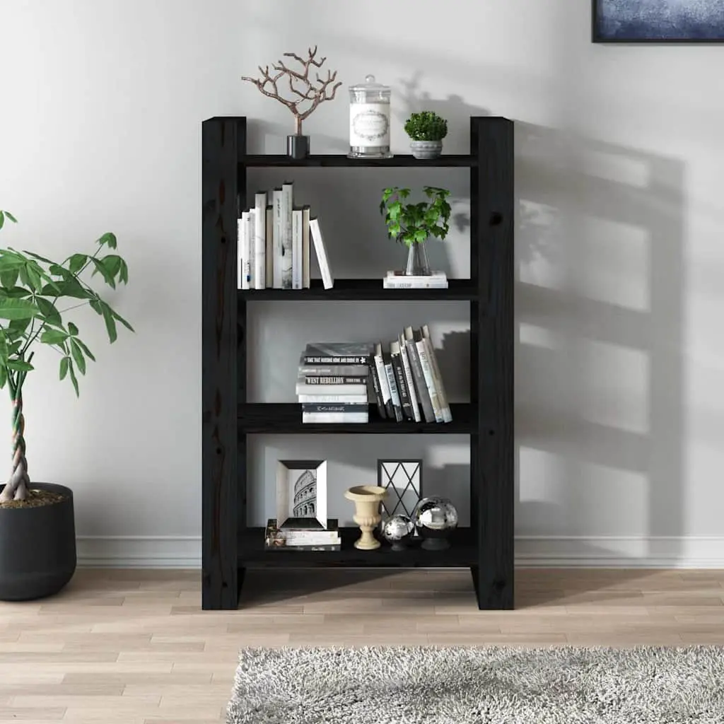 Book Cabinet Room Divider Black Solid Pine Wood Shelving Unit 80x35x125cm
