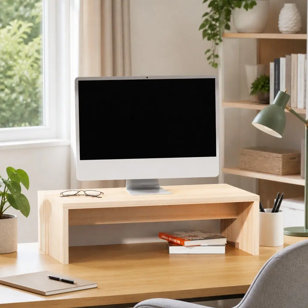 Monitor Stand 50x27x15cm Solid Pine Wood Riser Desk Organiser with Integrated Storage