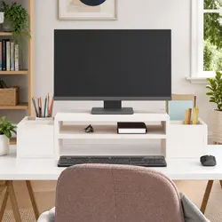 Monitor Stand White 70x27.5x15 cm Solid Pine Wood Computer Riser with Storage