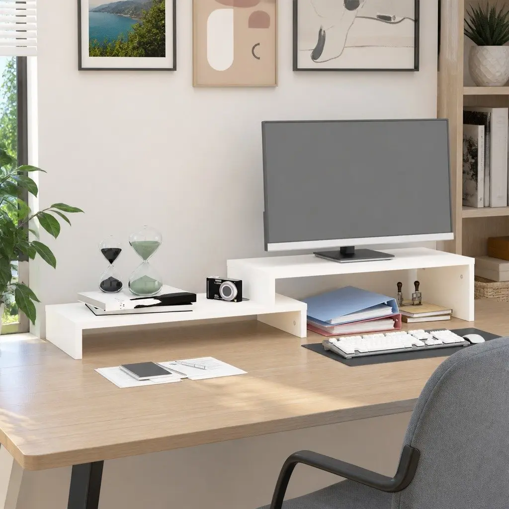 Wooden Monitor Stand Adjustable 52-101cm White Pine Riser with Storage for Computer Desk