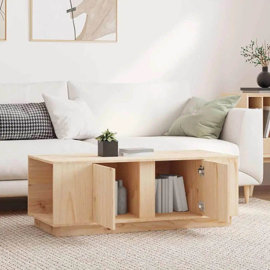 Brown Coffee Table Solid Pine Wood with 4 Storage Compartments and 2 Doors for Living Room Use