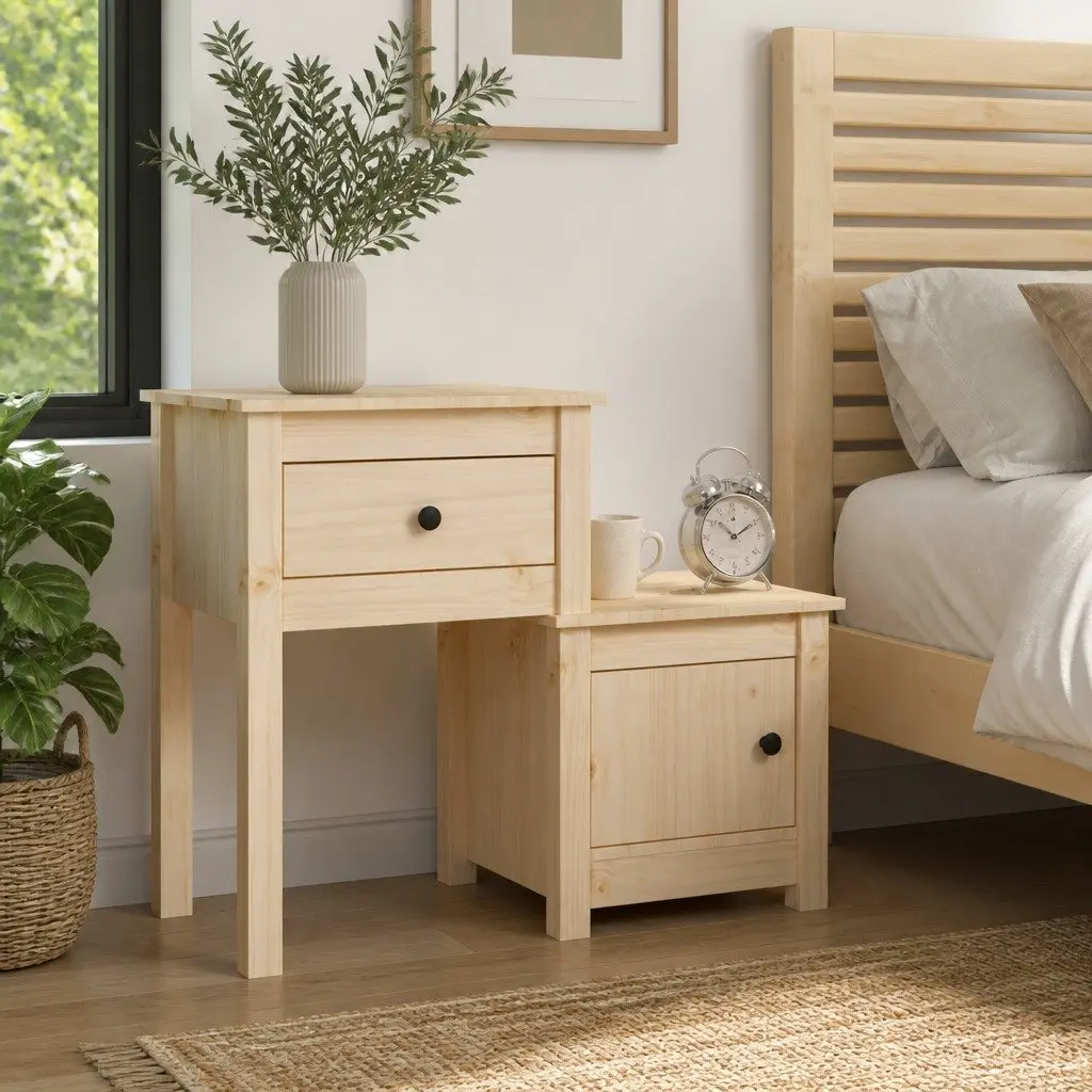 Bedside Cabinet 79.5x38x65.5 cm Solid Pine Wood Storage Nightstand with Drawer and Door