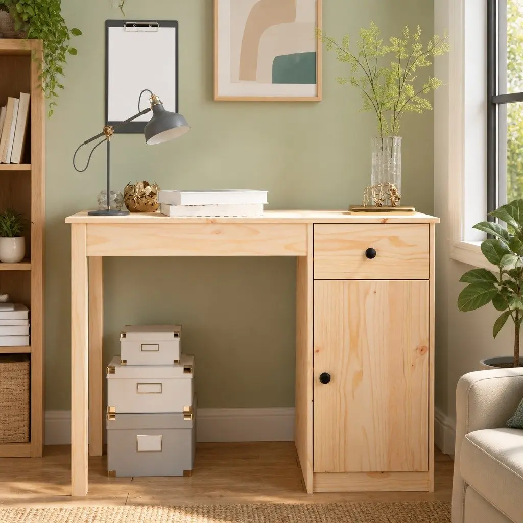 Solid Wood Pine Desk 100x50x75cm Spacious Work Surface with Drawer and Cabinet Brown
