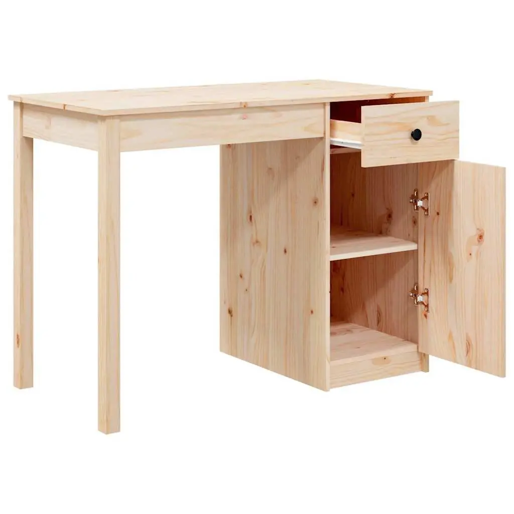 Solid Wood Pine Desk 100x50x75cm Spacious Work Surface with Drawer and Cabinet Brown