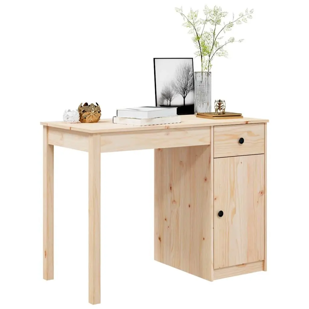 Solid Wood Pine Desk 100x50x75cm Spacious Work Surface with Drawer and Cabinet Brown