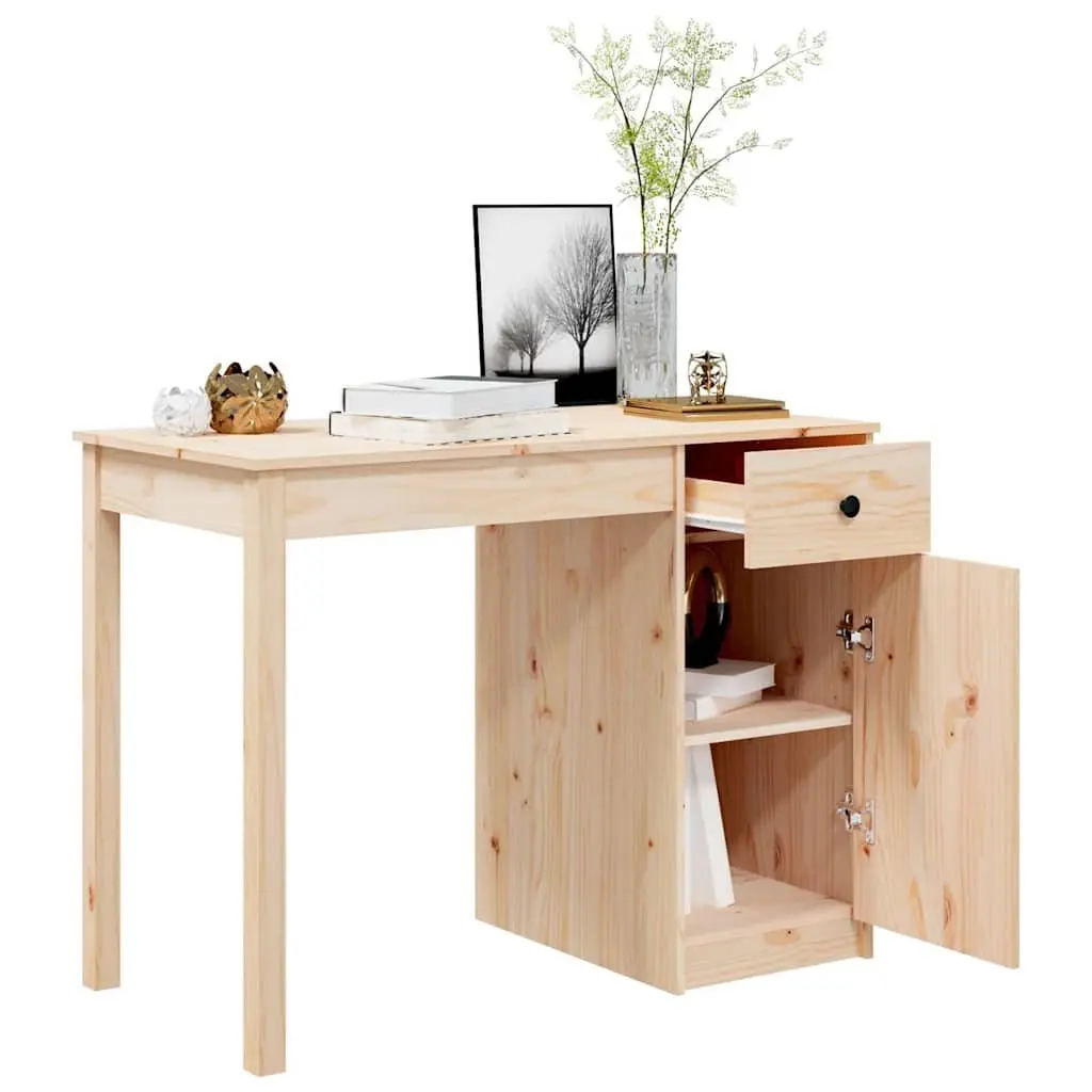 Solid Wood Pine Desk 100x50x75cm Spacious Work Surface with Drawer and Cabinet Brown
