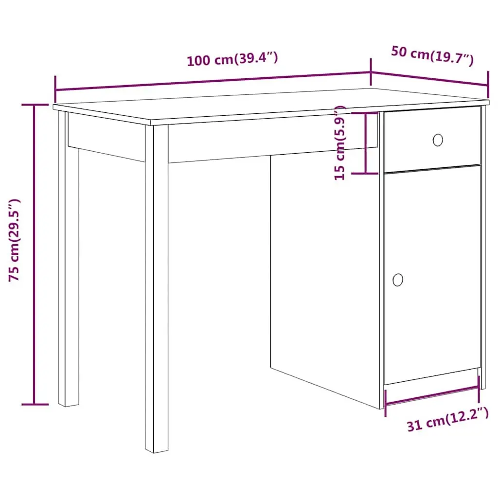 Solid Wood Pine Desk 100x50x75cm Spacious Work Surface with Drawer and Cabinet Brown