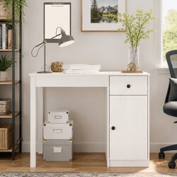 Solid Wood Pine Desk White 100x50x75 cm Storage Drawer Cabinet Office Study
