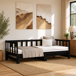 Wooden Day Bed Pull-out Guest Bed Frame Sofa Bed 2x(90x190) cm Black Slatted