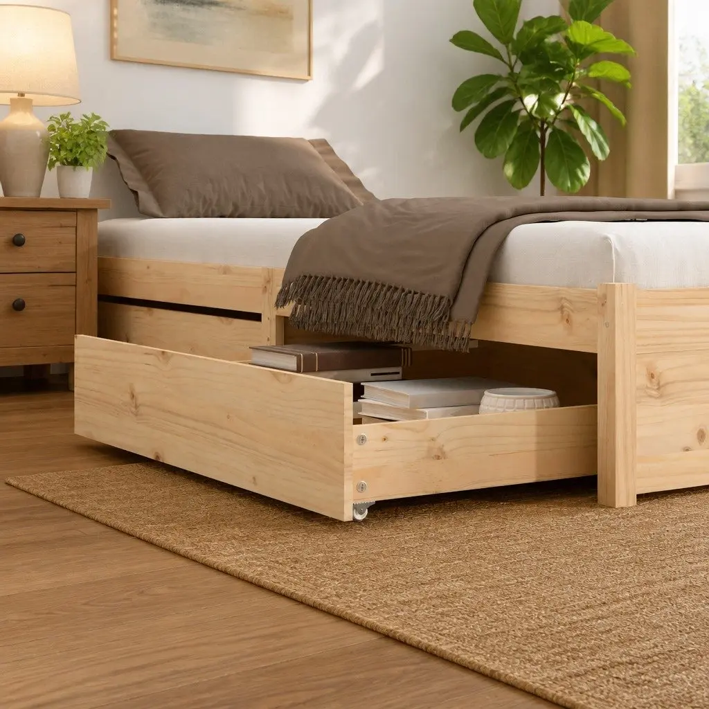Under Bed Storage Drawers 2 pcs Solid Pine Wood Brown Easy-glide Wheels Bedroom Organiser