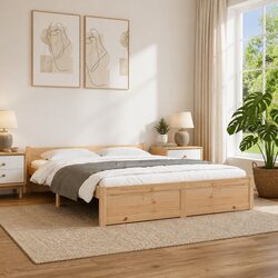Solid Wood Bed Frame 135x190cm Brown Wooden Bedroom Furniture Slatted Base