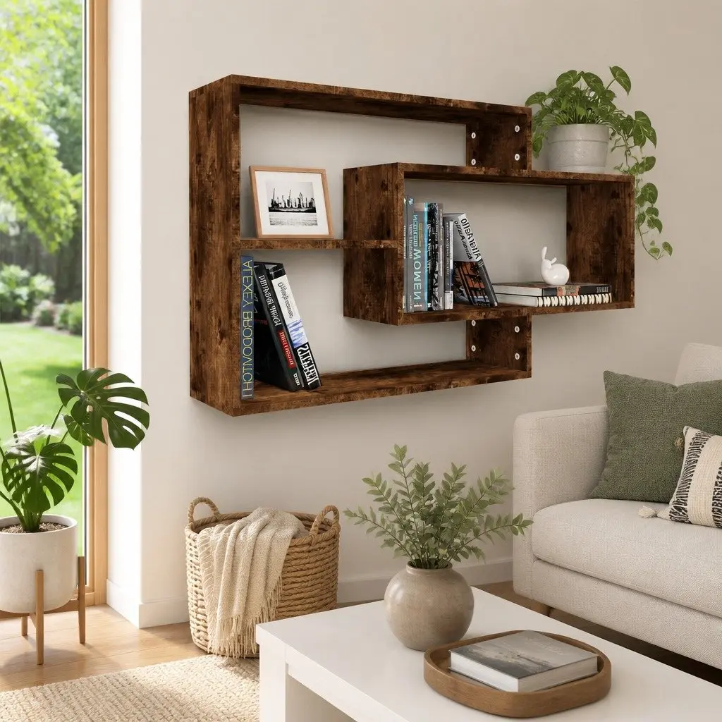 Wall Shelf 3 Compartments Open Storage Display Engineered Wood Brown