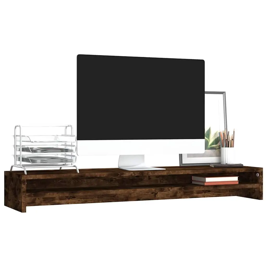 Dual Screen Monitor Stand Riser Brown Engineered Wood Organiser 100x24x13cm