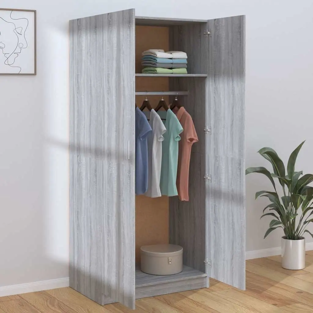 Grey Wardrobe with Doors and Hanging Rod 80x52x180 cm Engineered Wood Storage Cabinet