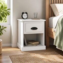 Bedside Cabinet White Engineered Wood Nightstand Storage Drawer Compartment