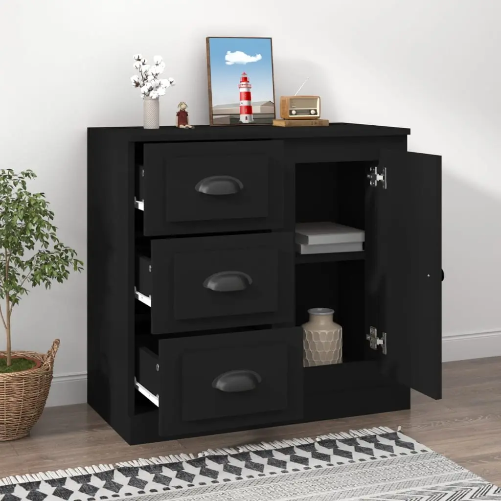 Black Sideboard Storage Cabinet Engineered Wood Spacious Storage Compartments