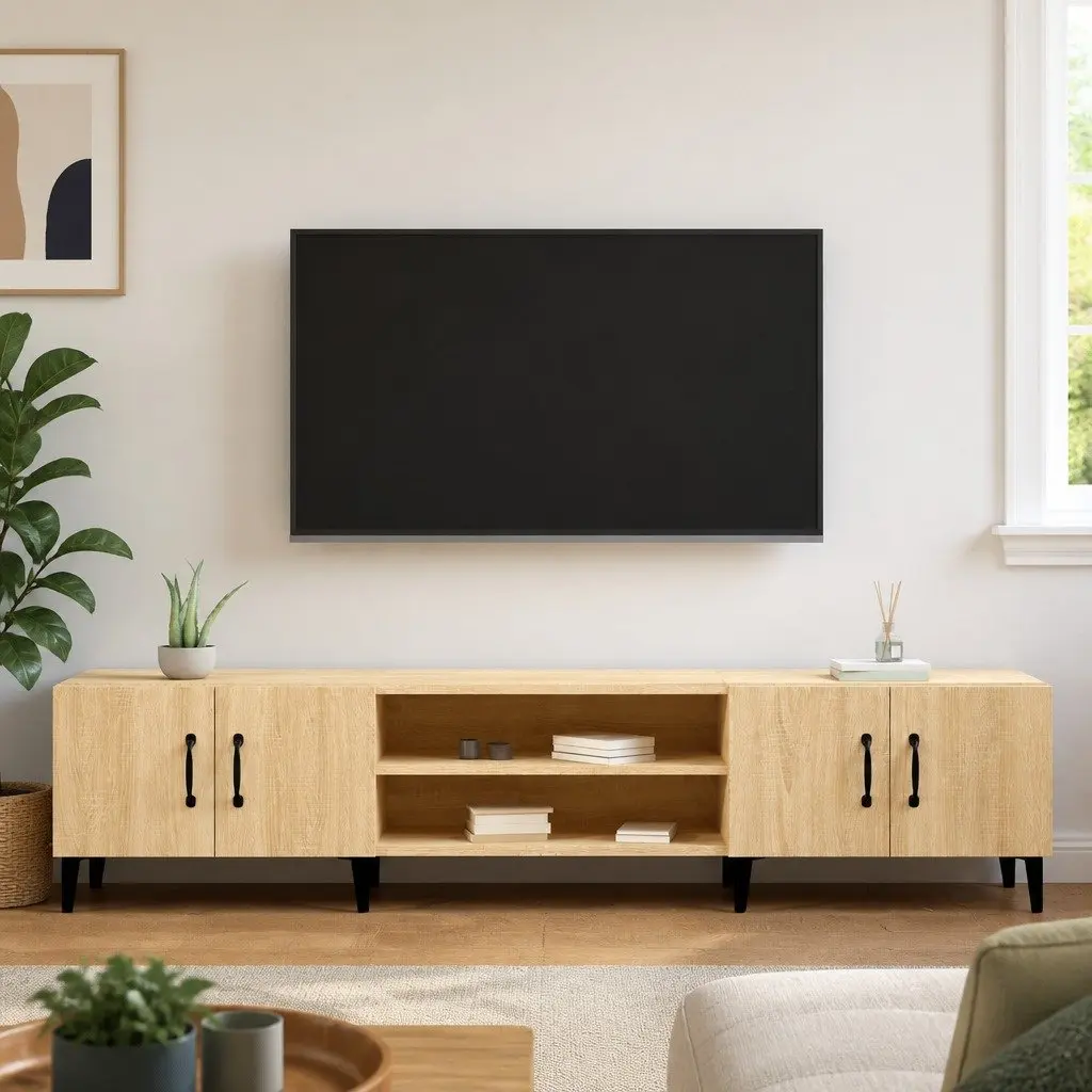 Engineered Wood TV Cabinet Brown Storage Unit with 4 Doors and 4 Compartments for Living Room Display