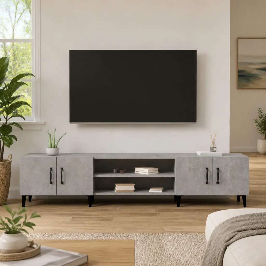Grey Engineered Wood TV Cabinet Storage Unit with 4 Doors and 4 Compartments for Living Room Display