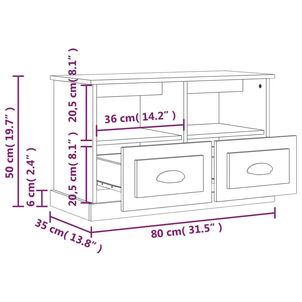 TV Cabinet 80x35x50cm White High Gloss Engineered Wood 2 Drawers 2 Open Compartments