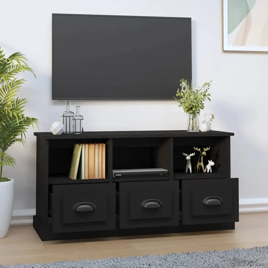 TV Cabinet Black Engineered Wood Storage Unit with Drawers and Open Compartments