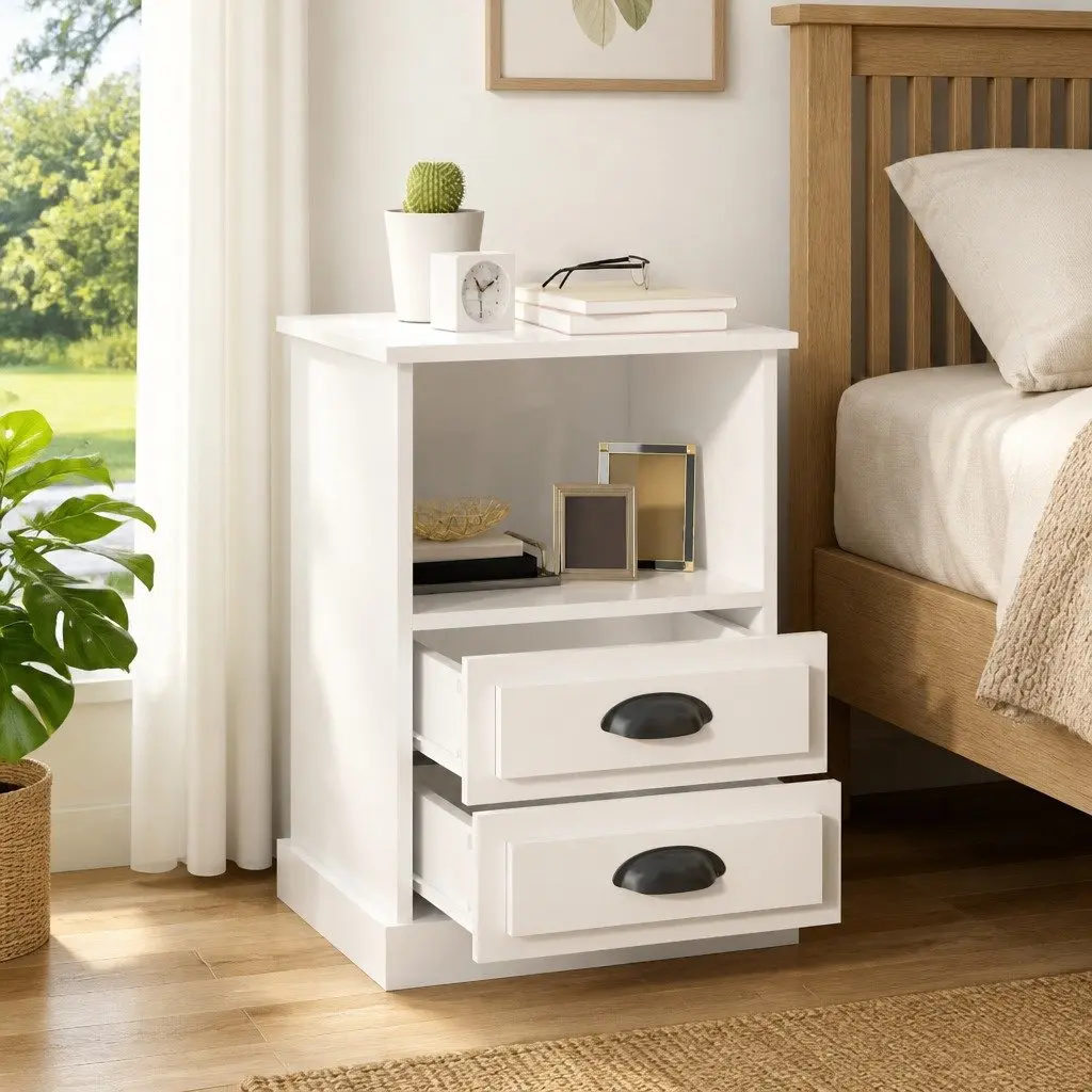 White High Gloss Bedside Cabinets 2 Piece Set Storage Drawers Nightstands with Open Compartment