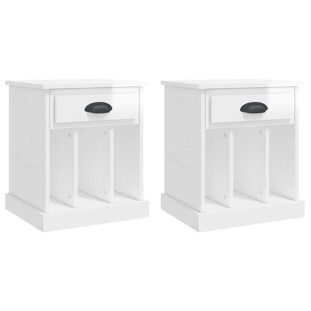 Bedside Cabinets 2 pcs High Gloss White Storage Nightstand with Drawer and 3 Compartments
