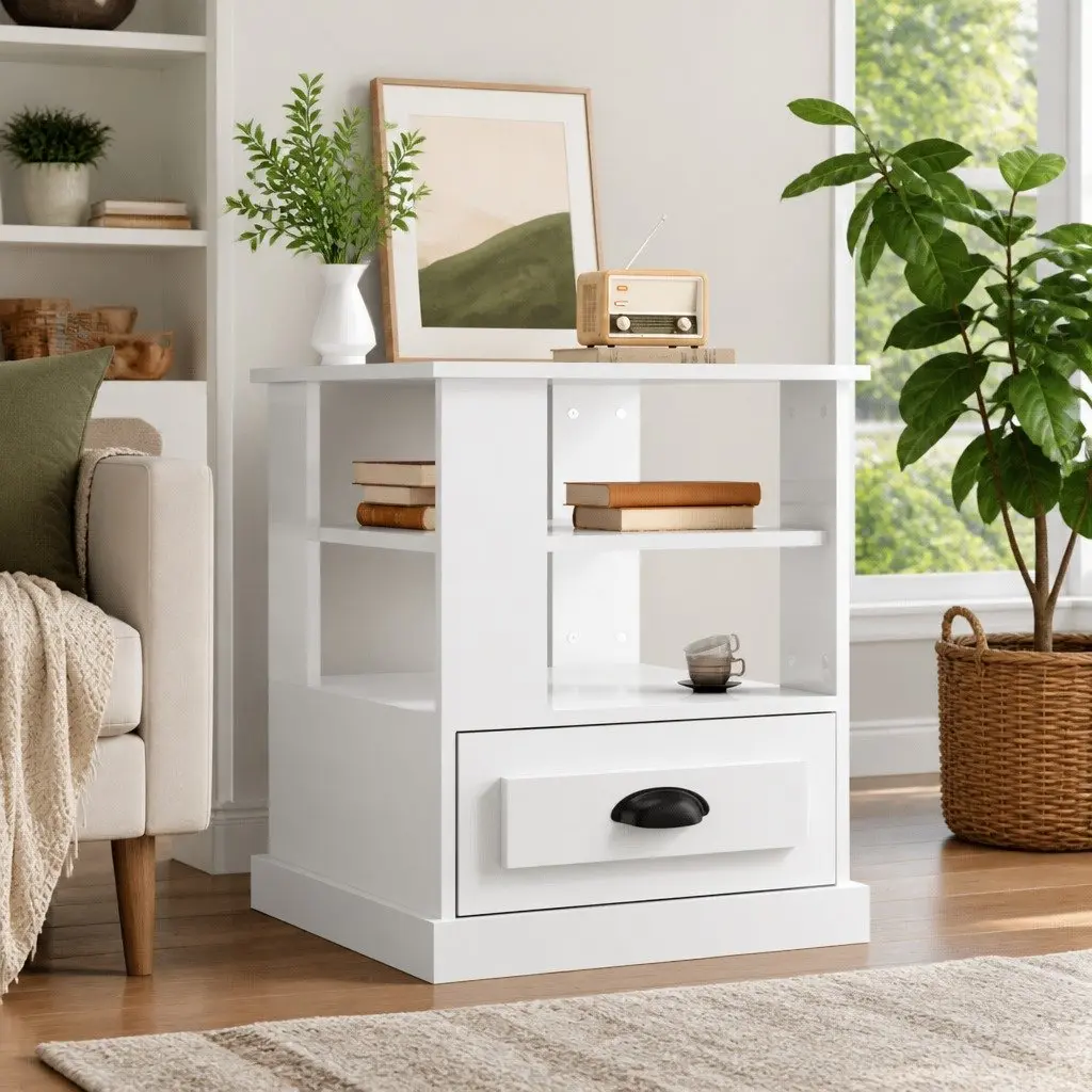 End Table High Gloss White Engineered Wood Storage Accent Side Table