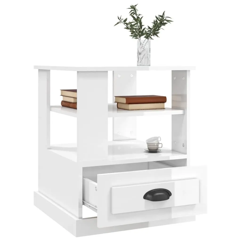 End Table High Gloss White Engineered Wood Storage Accent Side Table
