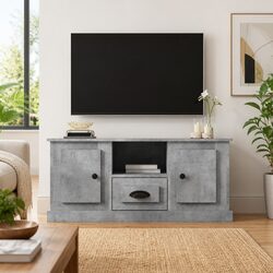 TV Cabinet Grey Engineered Wood Storage Unit with Shelves for Living Room