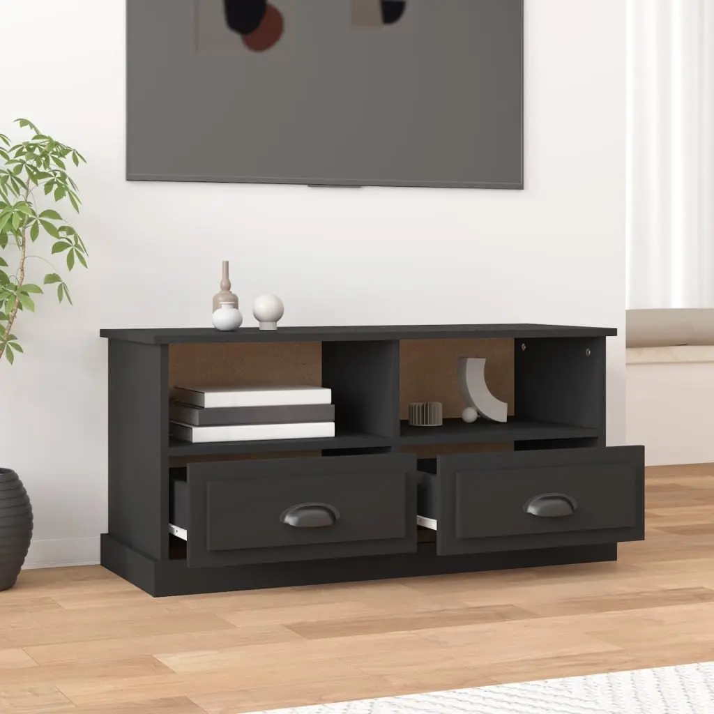 TV Cabinet Black Engineered Wood Storage Unit with 2 Drawers and 2 Open Compartments