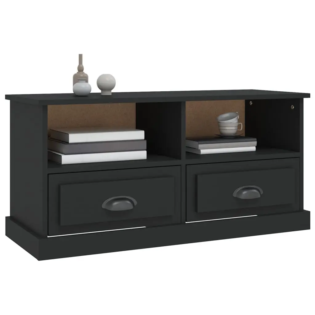 TV Cabinet Black Engineered Wood Storage Unit with 2 Drawers and 2 Open Compartments