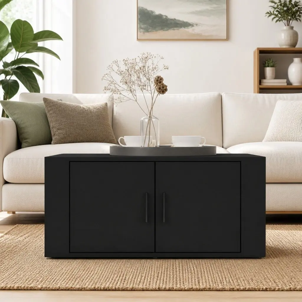 Coffee Table Black Engineered Wood 2 Storage Compartments