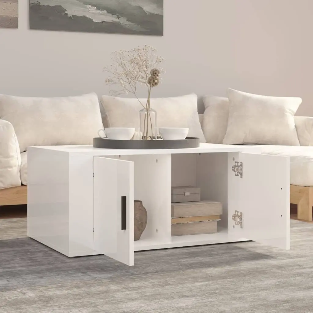 Coffee Table High Gloss White Engineered Wood with 2 Storage Compartments