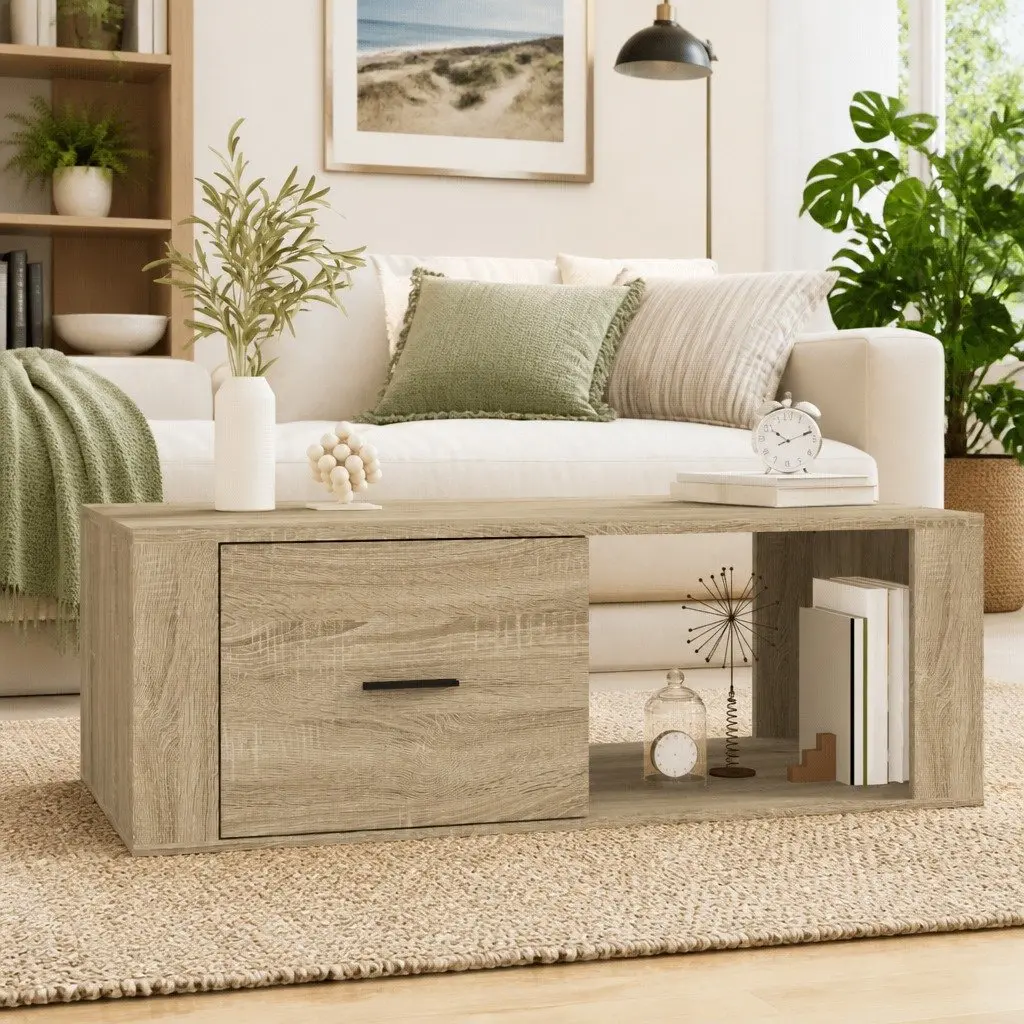 Coffee Table Brown Engineered Wood Storage Drawer Open Compartment