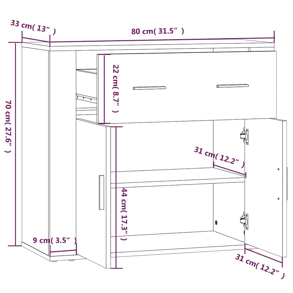 Grey Sideboard Storage Cabinet 80x33x70cm Multiple Compartments and Drawers