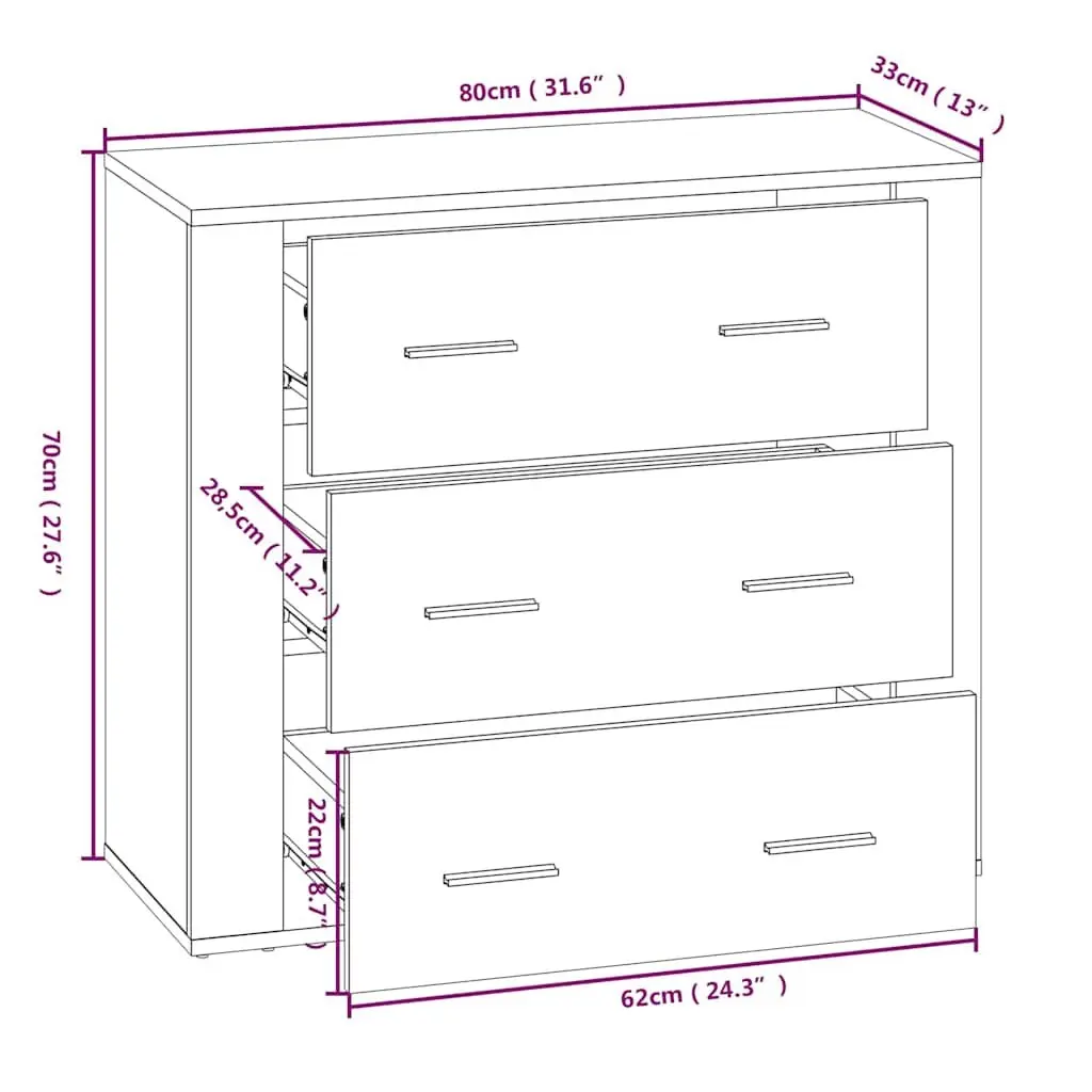 Sideboard Cabinet 80x33x70cm Engineered Wood Storage Buffet 3 Drawers