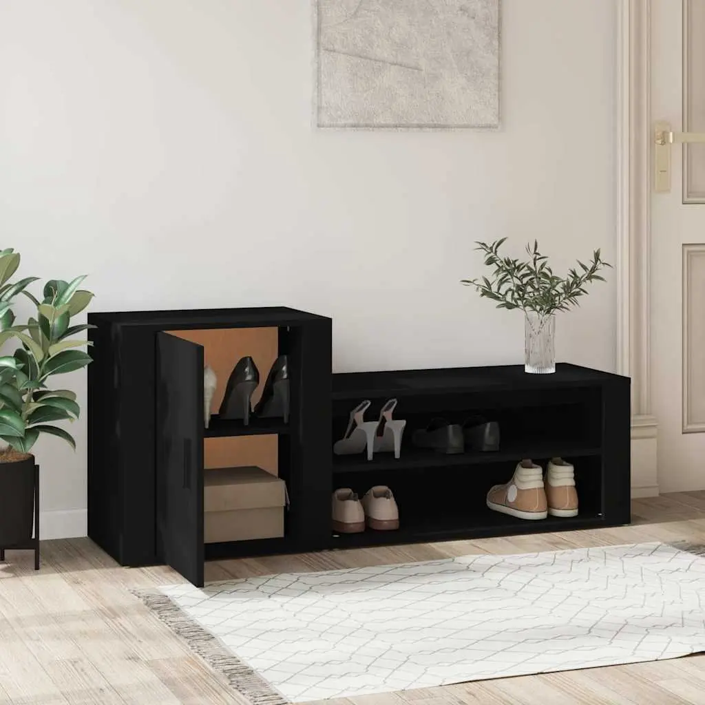 Shoe Cabinet Black Engineered Wood 2 Compartment Storage Organiser with Door