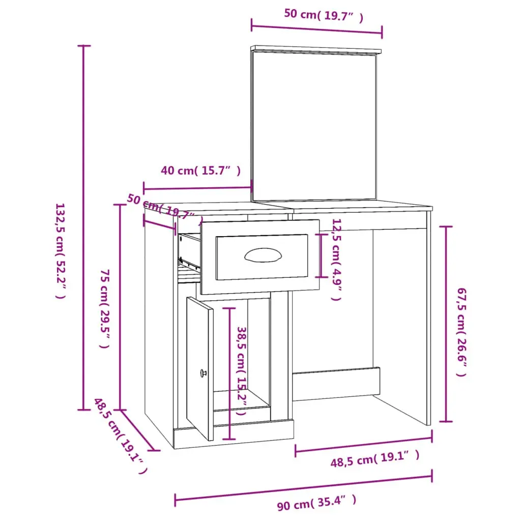 Dressing Table with Mirror White High Gloss Engineered Wood Makeup Storage