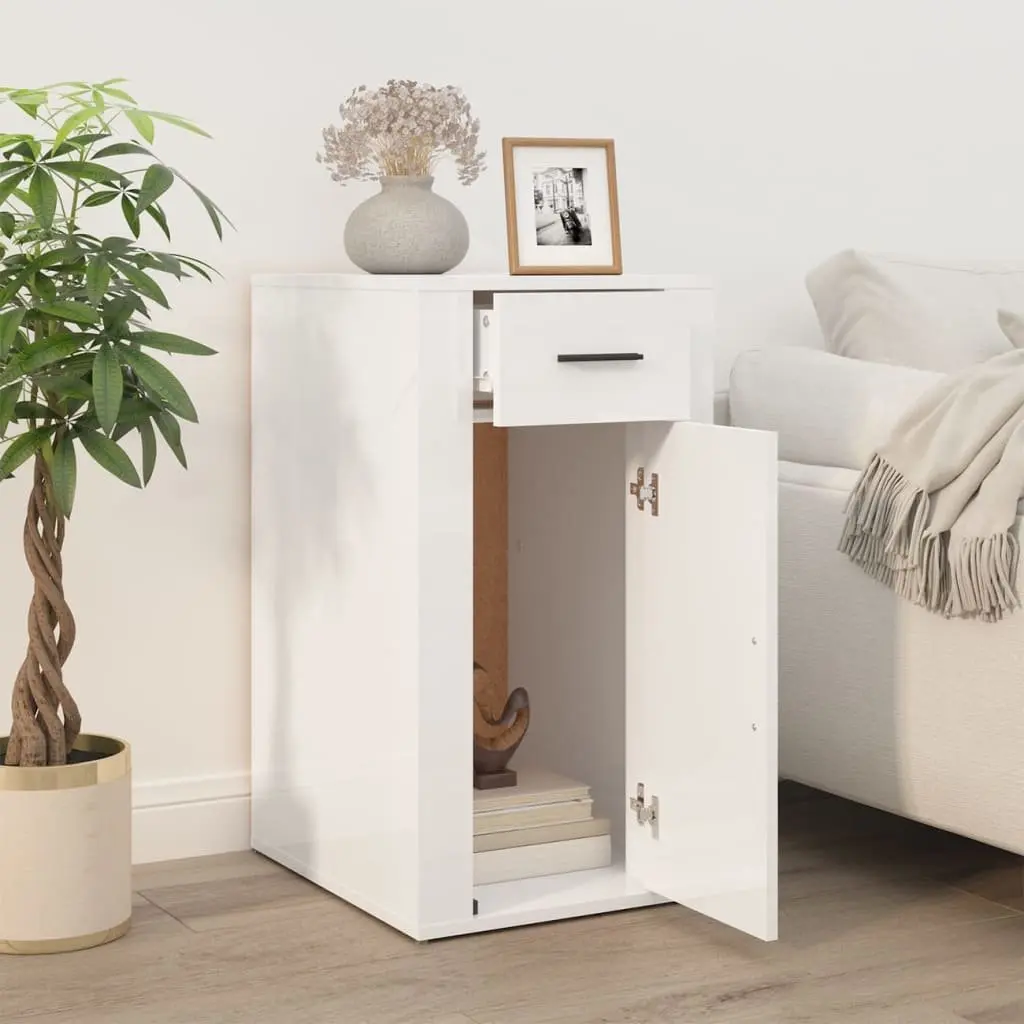 Desk Cabinet 40x49x75cm High Gloss White Office Storage Unit with 1 Drawer and 1 Door