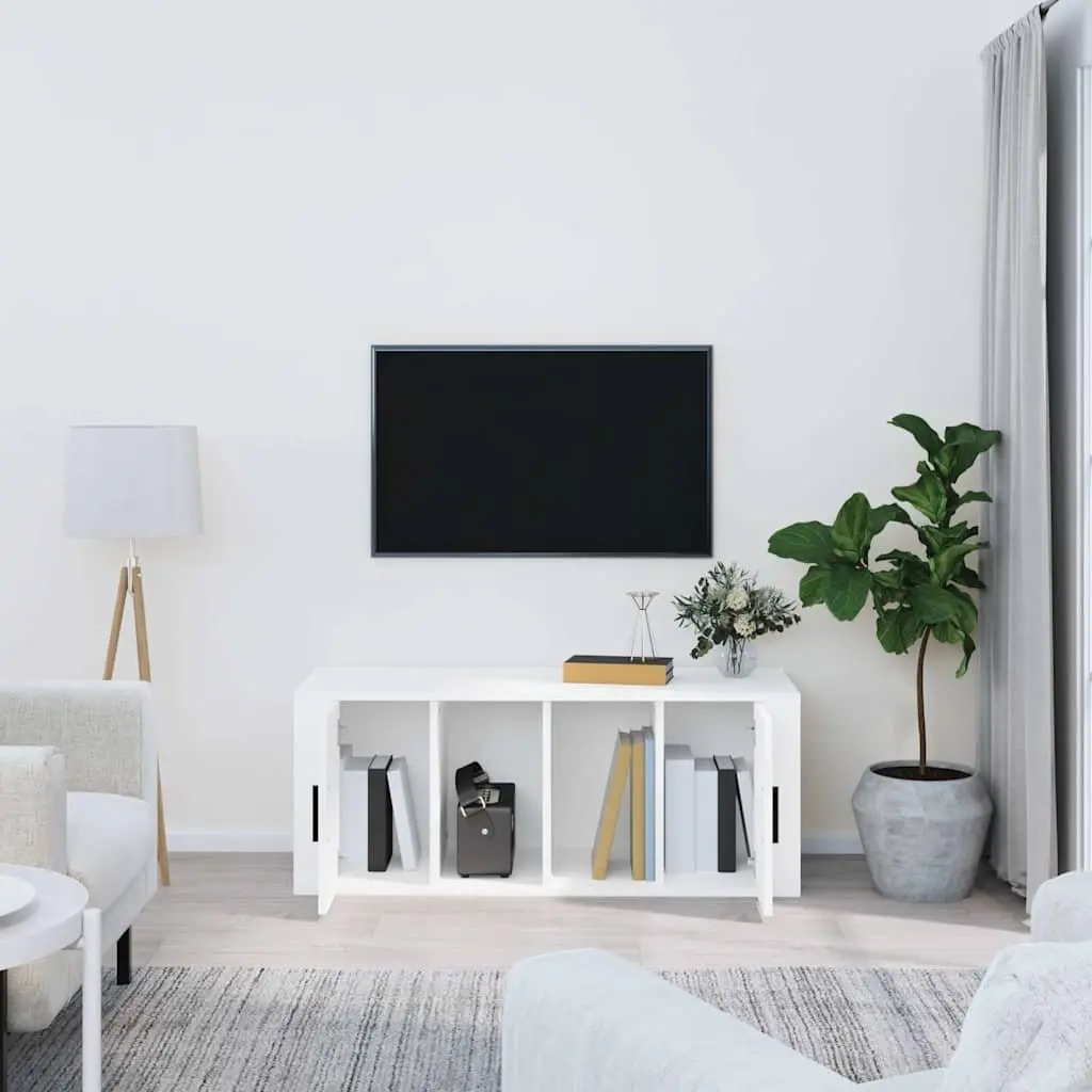 TV Cabinet White 100x35x40 cm Engineered Wood Media Storage Unit with 4 Storage Compartments and Door