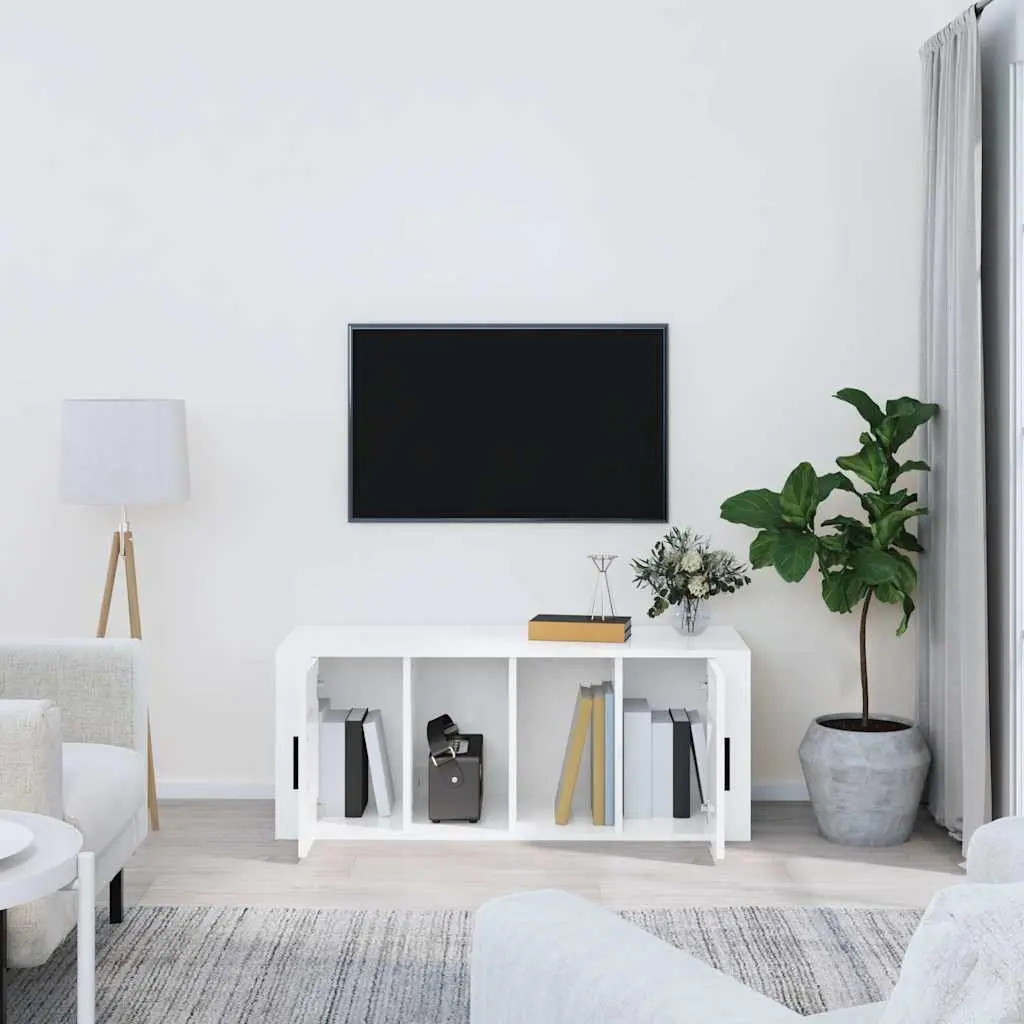 TV Cabinet 100cm High Gloss White 4 Compartments Engineered Wood