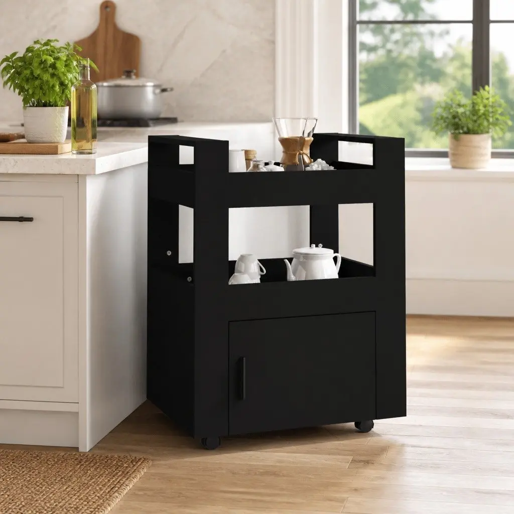 Kitchen Trolley 60x45x80cm Black Rolling Storage Cart with Shelves Compartment