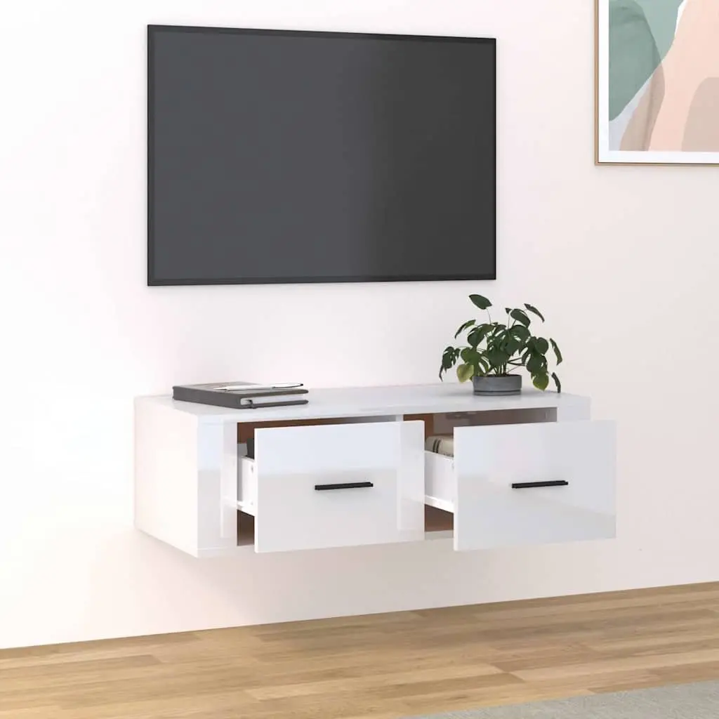 Hanging TV Cabinet White Wall-Mounted Storage Unit Engineered Wood 2 Drawers
