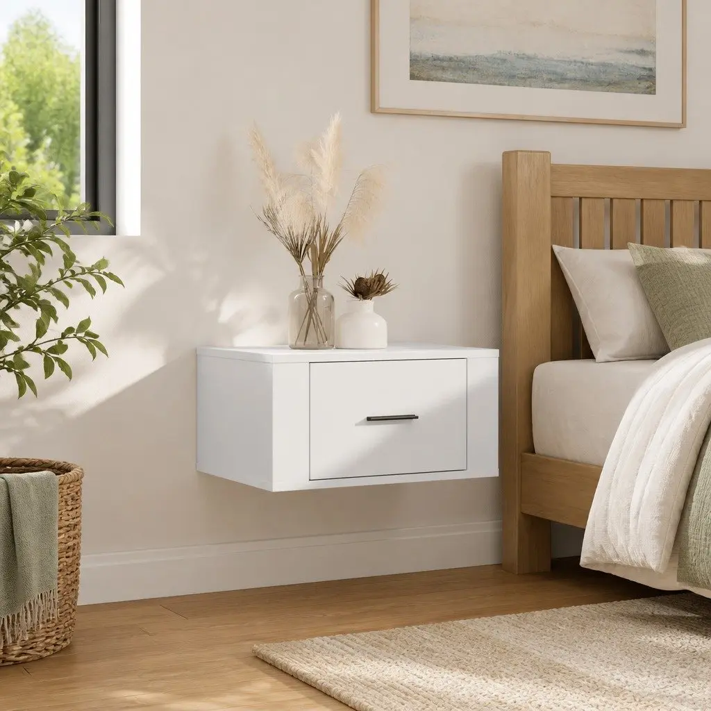 Wall-mounted Bedside Cabinet 50 x 36 x 25 cm White High Gloss Floating Storage Organizer