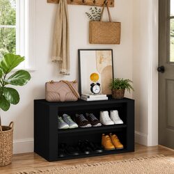 Shoe Rack Black Engineered Wood Storage Cabinet 2 Compartment Organiser