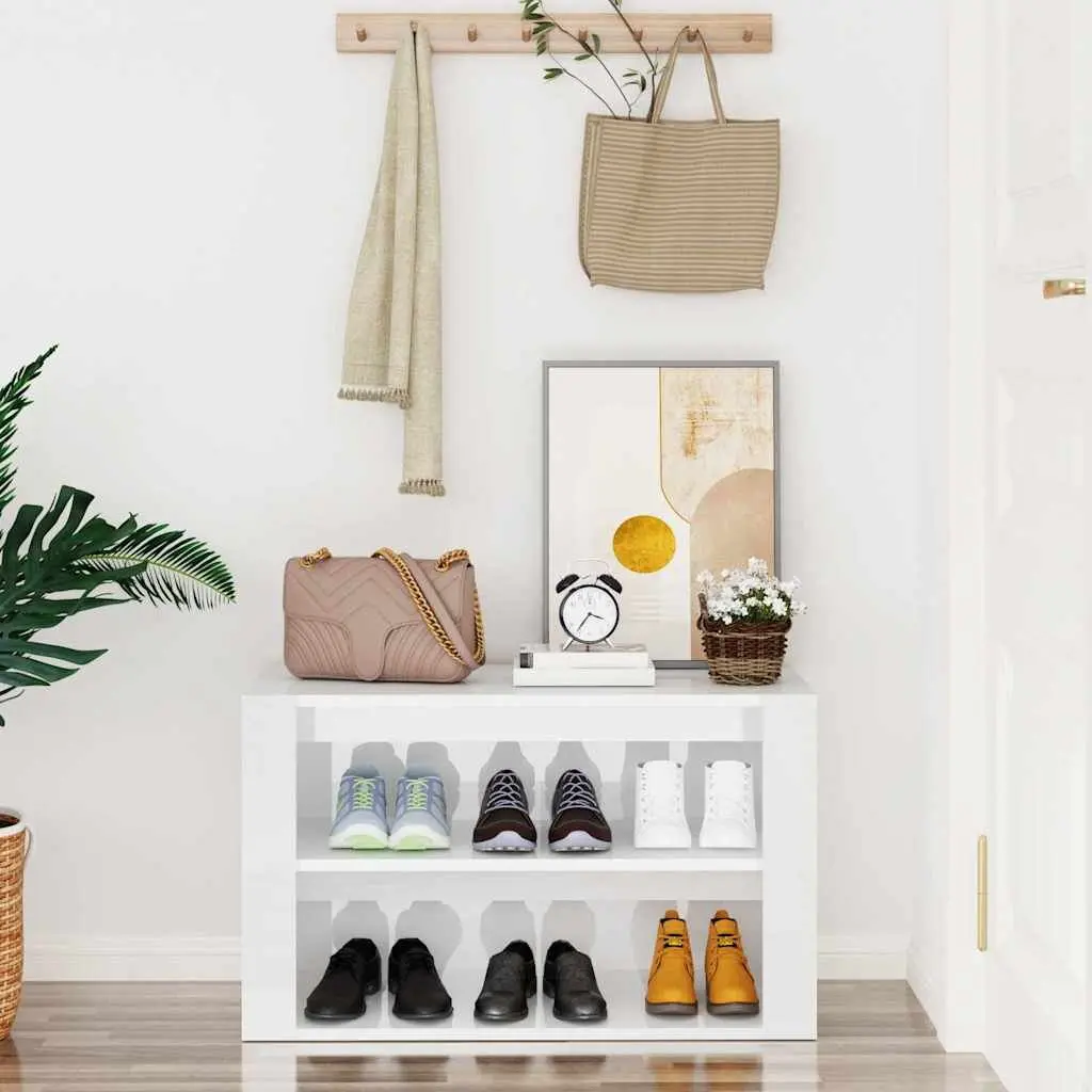 Shoe Rack 2 Compartment White High Gloss Engineered Wood Storage Organiser Cabinet