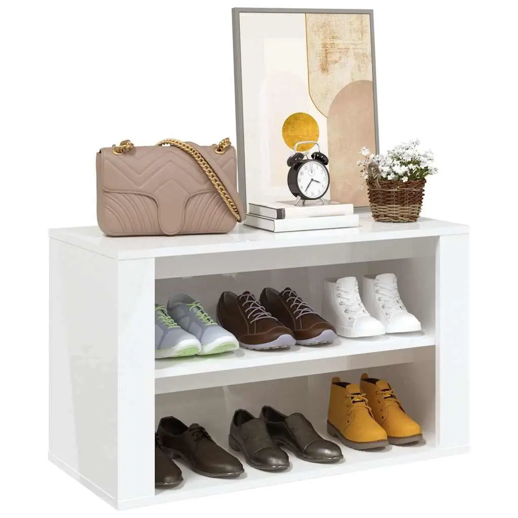 Shoe Rack 2 Compartment White High Gloss Engineered Wood Storage Organiser Cabinet
