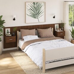 Space-Saving Brown Oak Floating Cabinets for a Stylish Bedroom