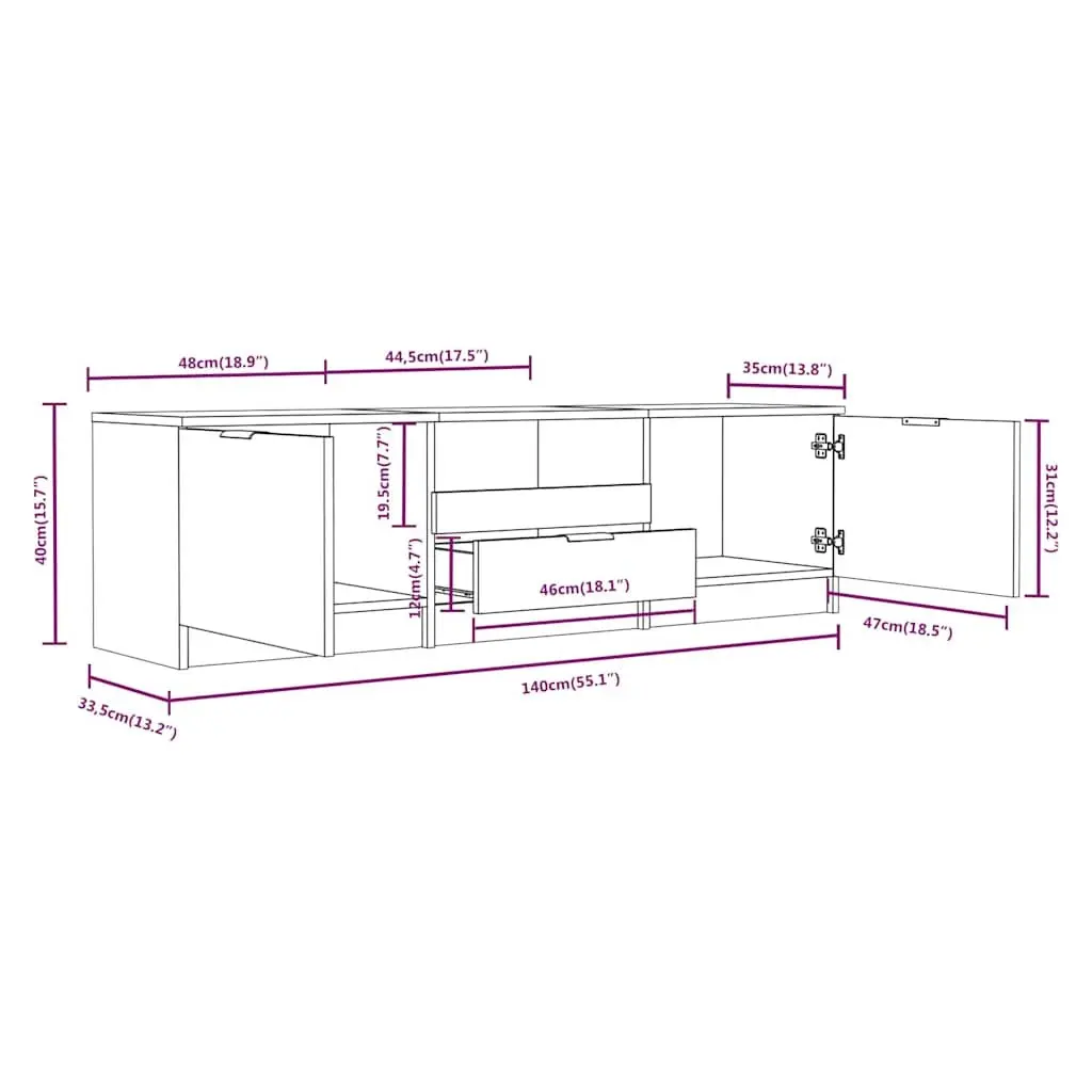 TV Cabinet 140x35x40 cm Grey Sonoma Engineered Wood Storage Unit with Drawer Compartments