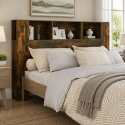 Stylish 160cm Brown Smoked Oak Headboard Storage Unit